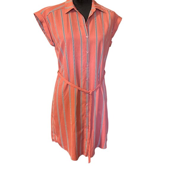 💖Express Women's Sleeveless Striped Button-Up Tunic Dress Size SP Salmon - Picture 1 of 6